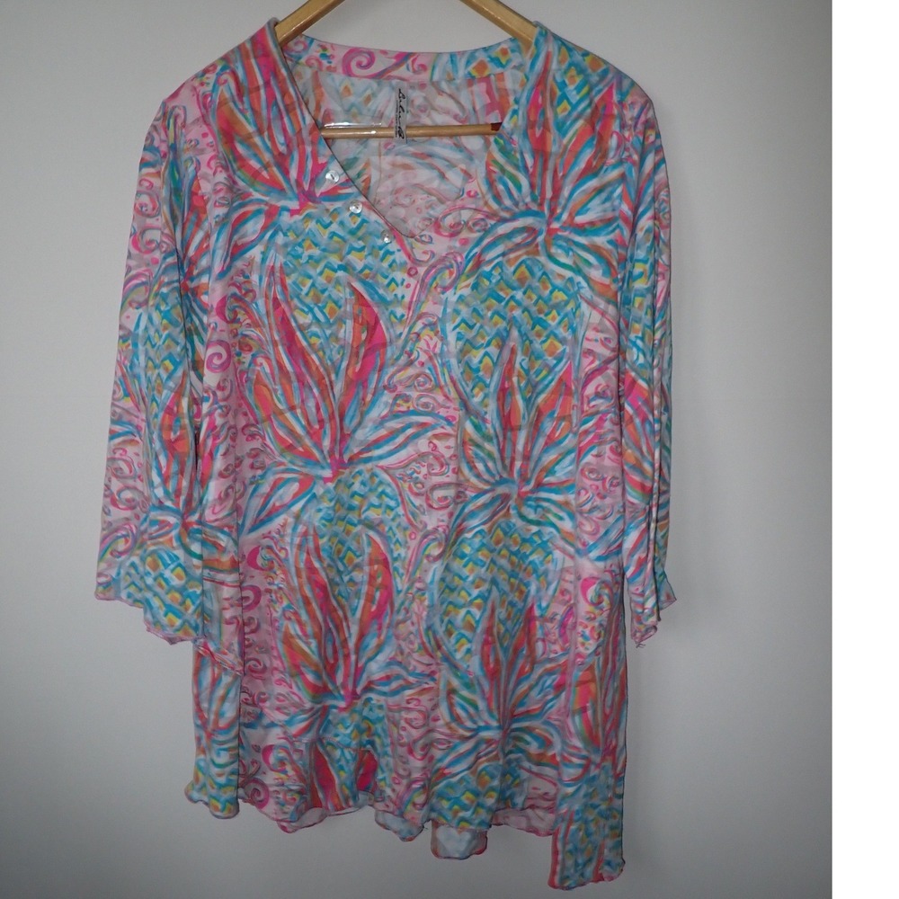 Lulu-B Women's Pineapple Print V-Neck 3/4 Sleeve Tunic Top XL Resortwear